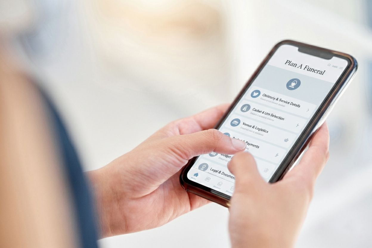 Hands holding a smartphone with a list of options on the screen, likely a fleet management app.