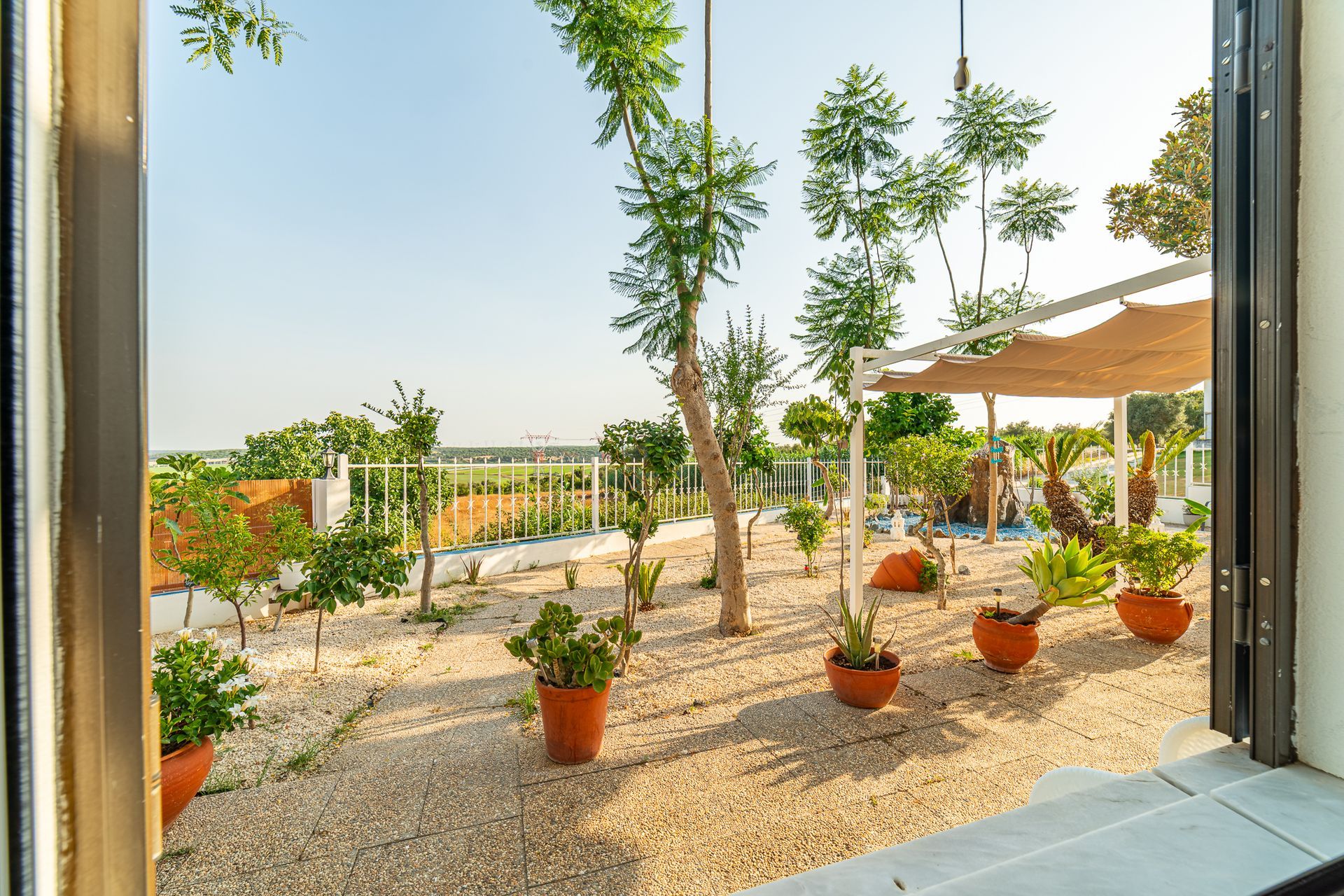 Sunny courtyard with potted plants, trees, and gravel view through open doors