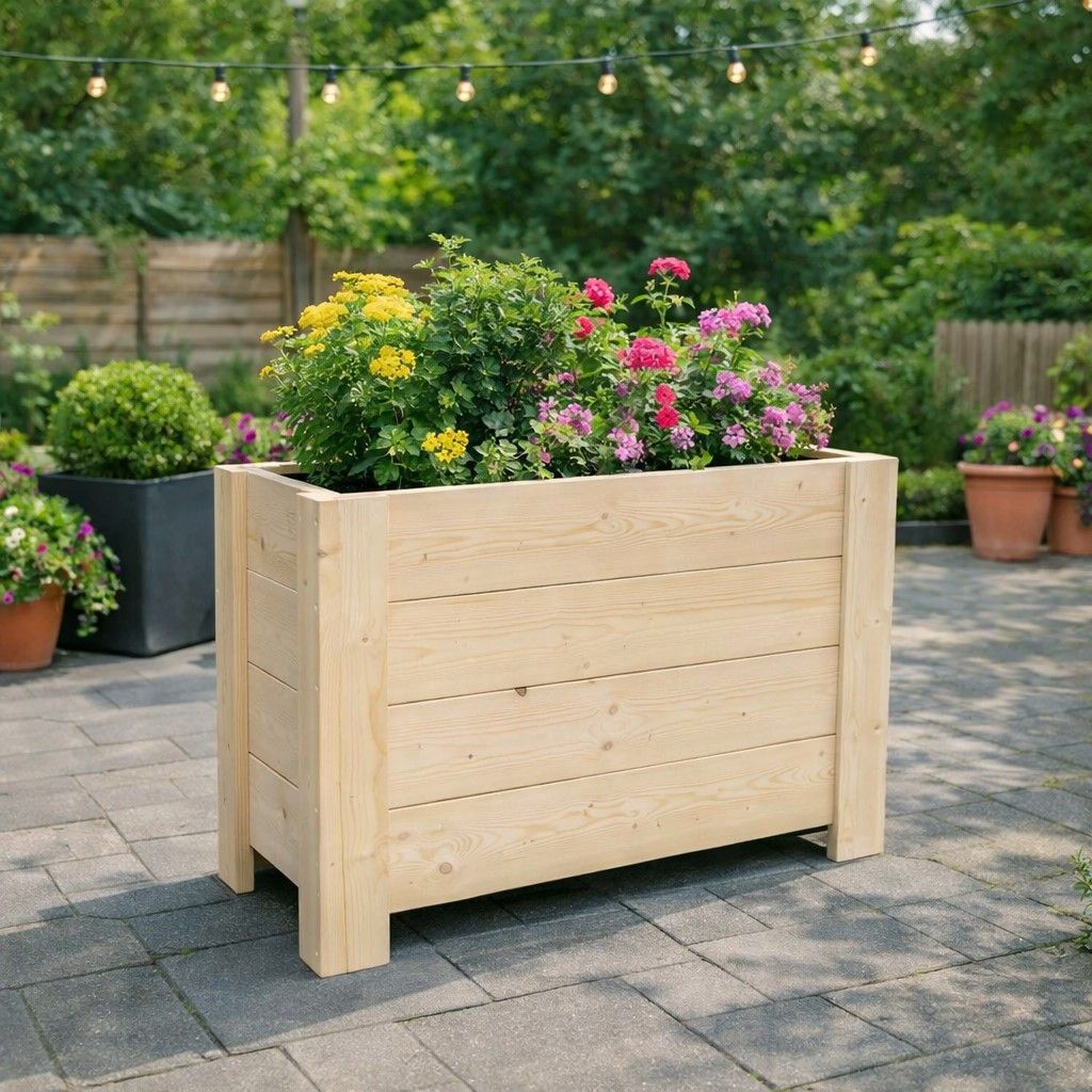 Houten plantenbak met kleurrijke bloemen op een stenen terras in een tuin.
