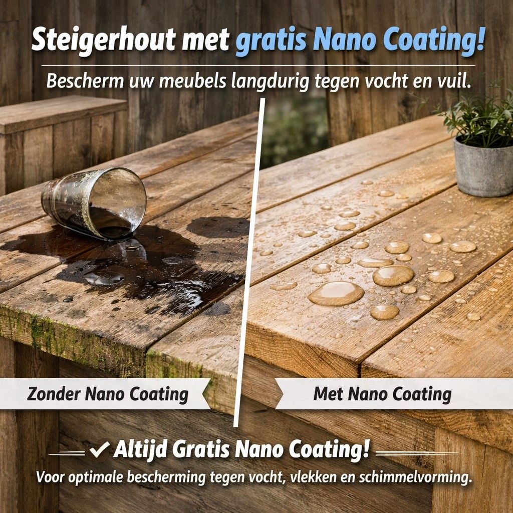 Houten tafel, verdeeld in een deel van nat, onbehandeld hout en een deel met een waterafstotende nanocoating, met Nederlandse promotietekst.