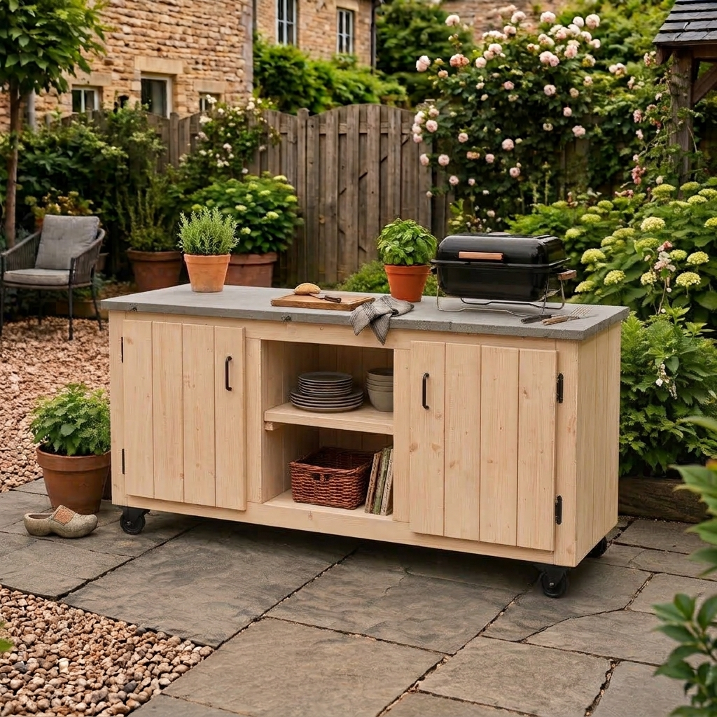 Een houten buitenkeuken op een terras in een tuin, met potplanten en een schutting erachter.