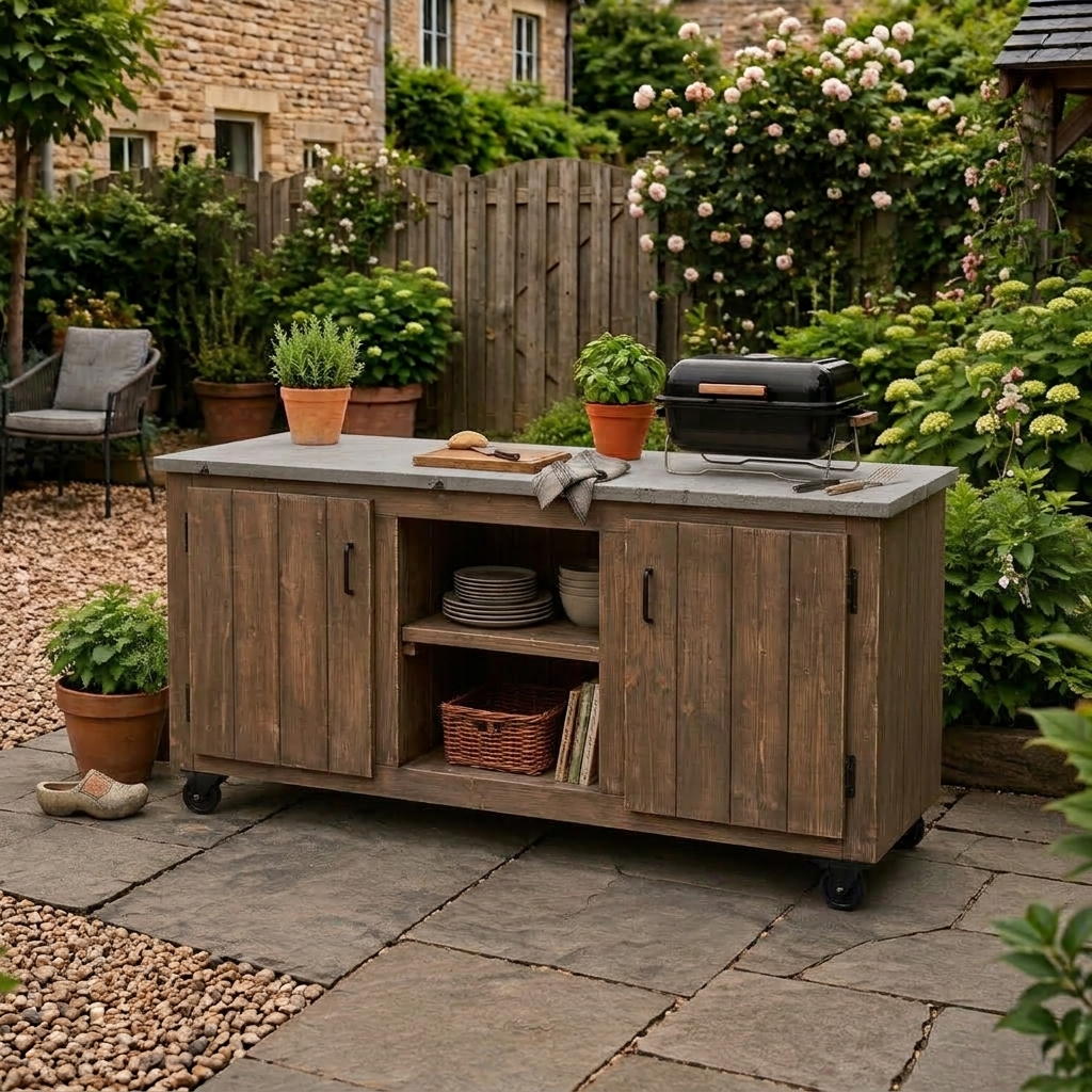 Brownwash houten buitenkeuken op wielen met grijs werkblad en potplanten op een terras in de tuin