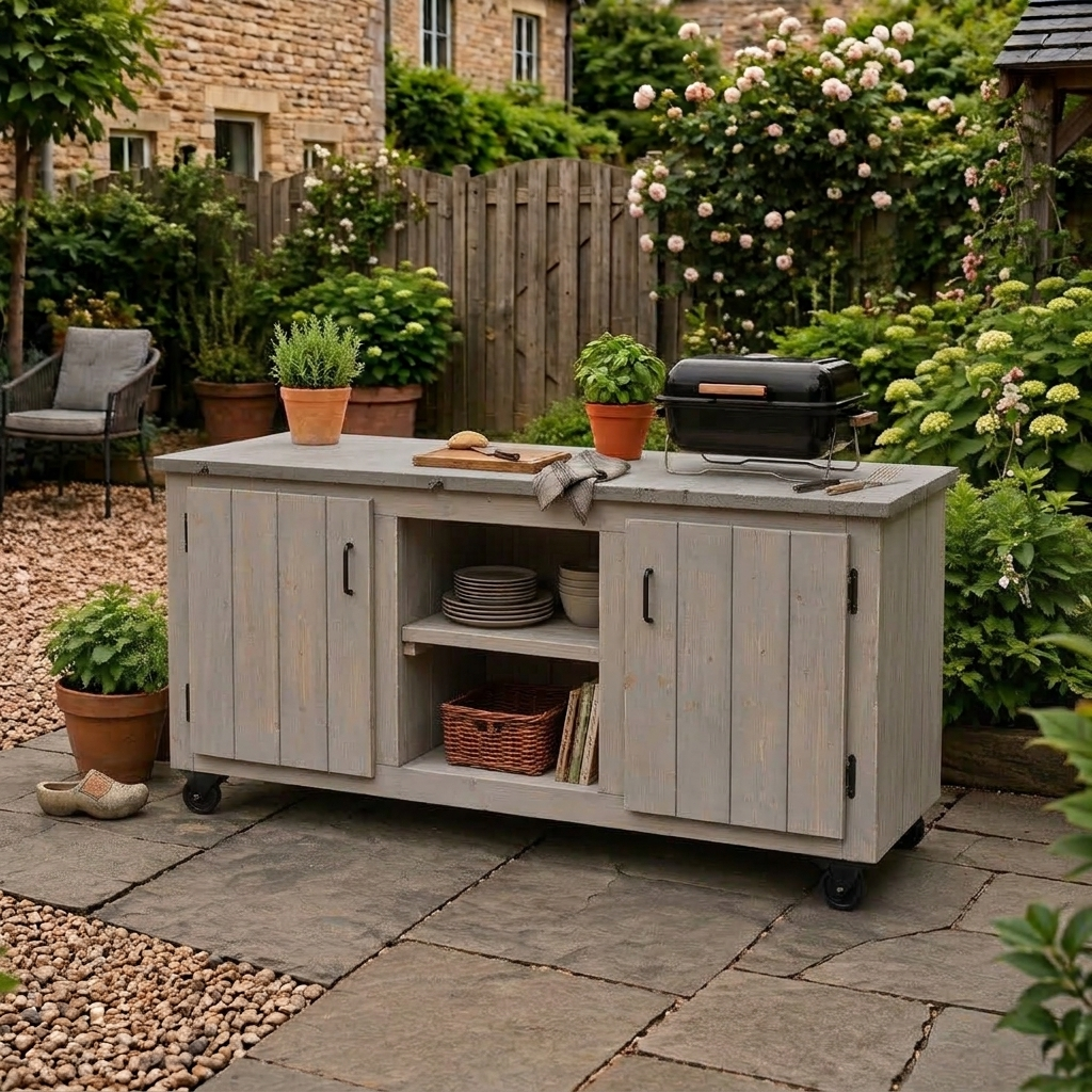 Greywash houten buitenkeuken op wielen met grijs werkblad en potplanten op een terras in de tuin