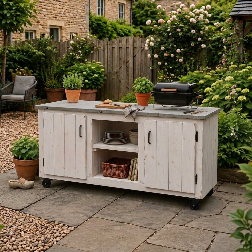 Whitewash houten buitenkeuken op wielen met grijs werkblad en potplanten op een terras in de tuin