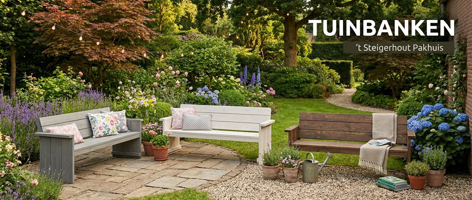 Een buitendecoratie in de tuin met drie decoratieve banken in grijs, wit en bruin, met bloemen en groen erachter.