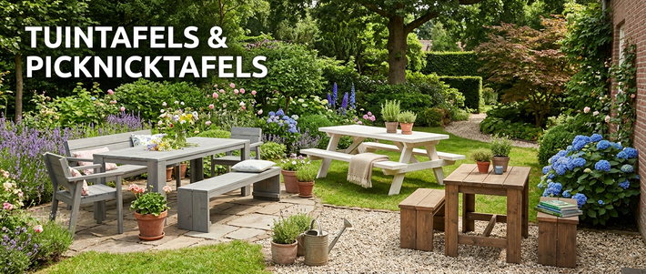 Tuinopstelling met witte en houten picknicktafels en banken, omgeven door bloemen en groen.
