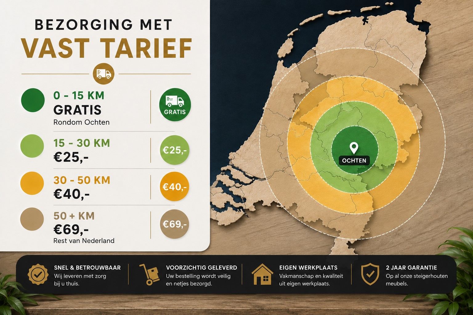 Uitgebreide infographic over bezorgtarieven met groene en gouden zones, prijzen en bezorggebiedpictogrammen.