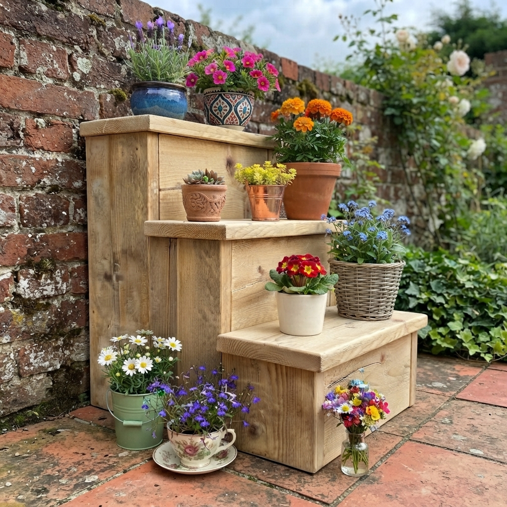 Houten decoratie trapje met meerdere niveaus en kleurrijke bloemen in potten op een stenen tuinterras.