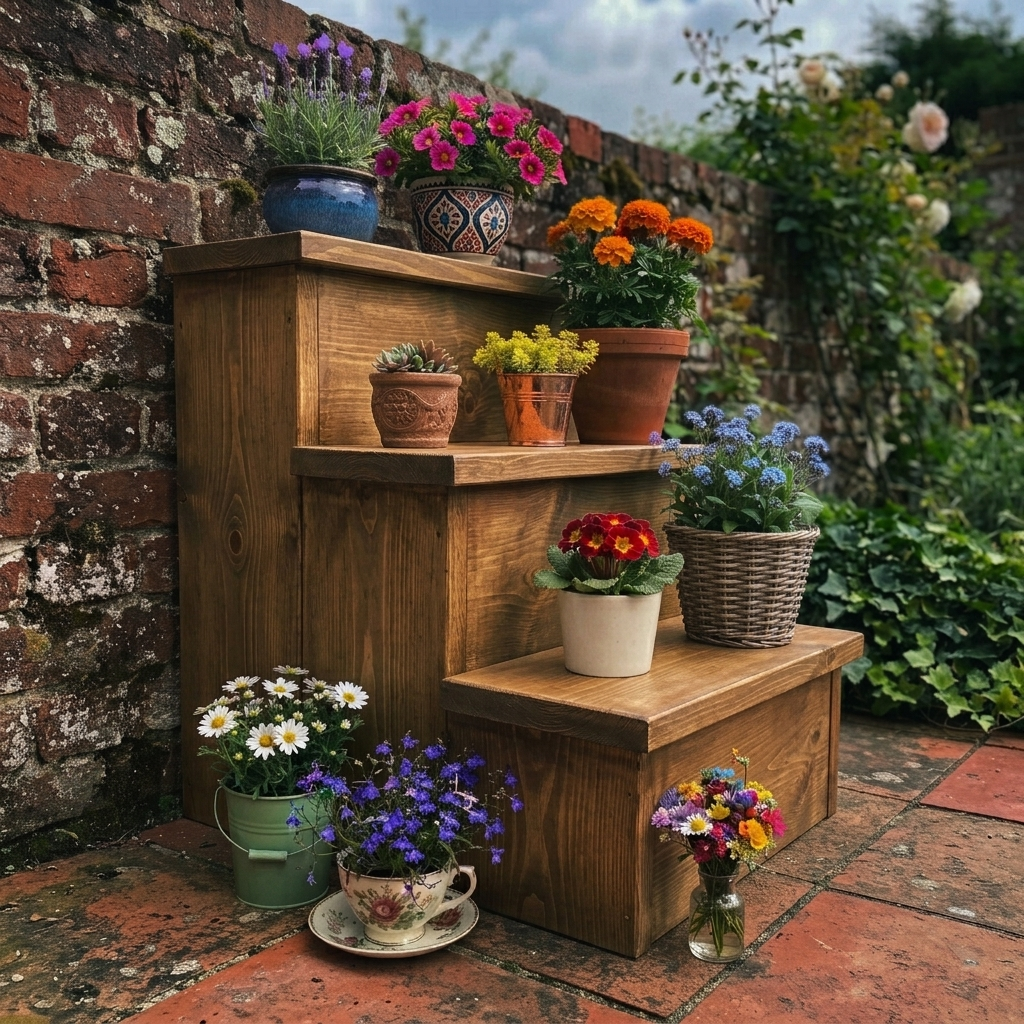 Houten decoratie trapje met meerdere niveaus en kleurrijke bloemen in potten in een hoek van de tuin