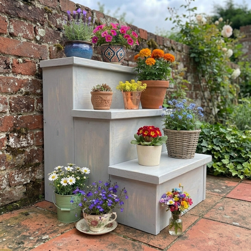 Greywash houten decoratie trapje met meerdere niveaus en kleurrijke bloemen in potten in een hoek van de tuin