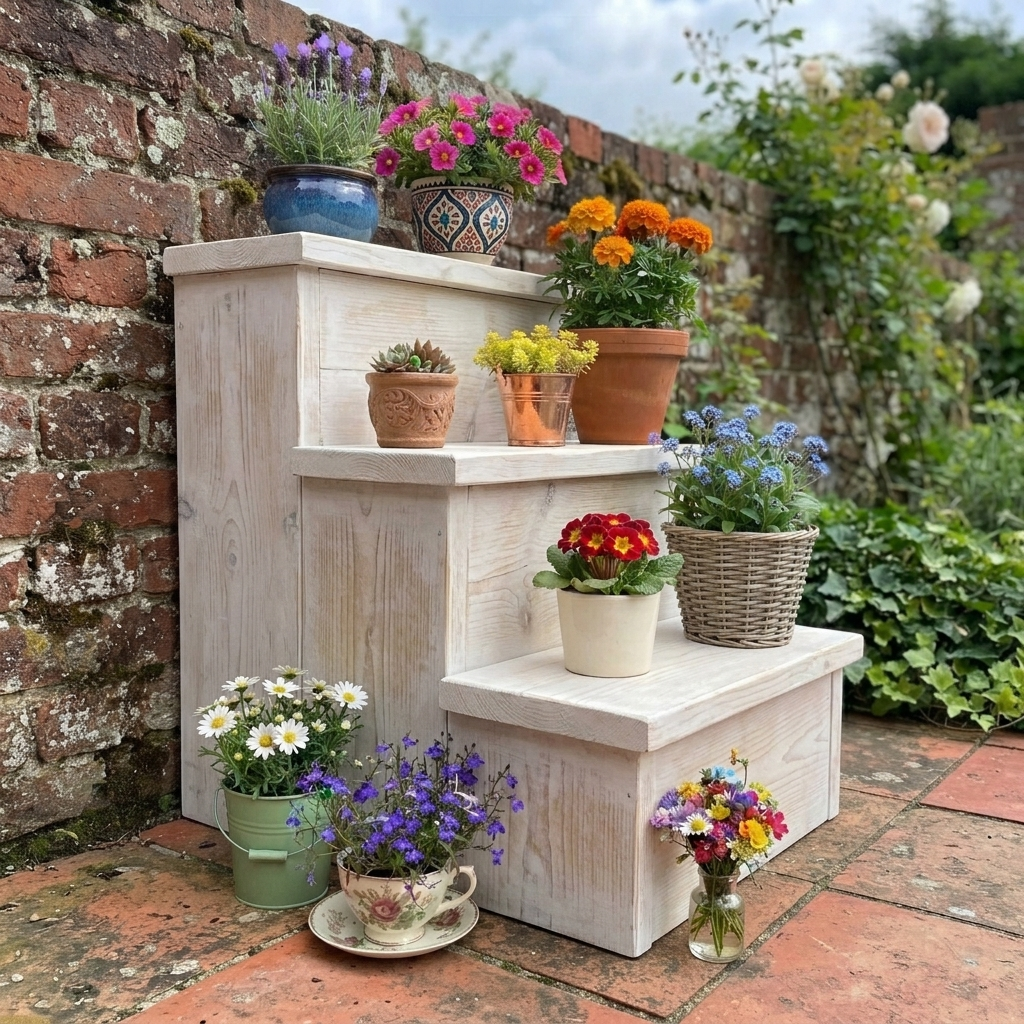 Whitewash houten decoratie trapje met meerdere niveaus en kleurrijke bloemen in potten in een hoek van de tuin