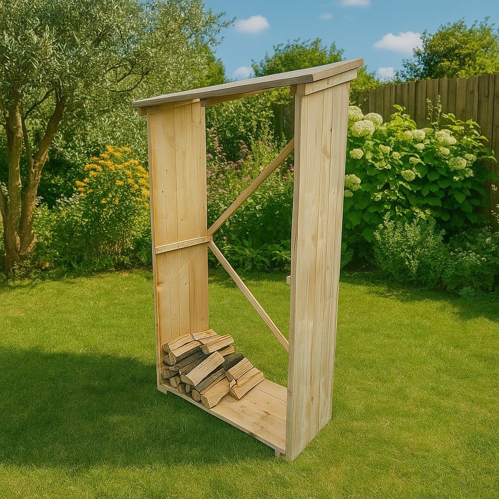 Houtopslag met diagonale schoren, staand op een grasveld naast een schutting.