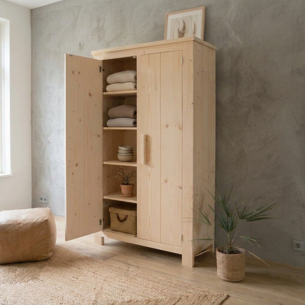 Lichtehouten kledingkast met open en gesloten deuren in een minimalistische kamer met een beige vloerkleed en een plant in een pot