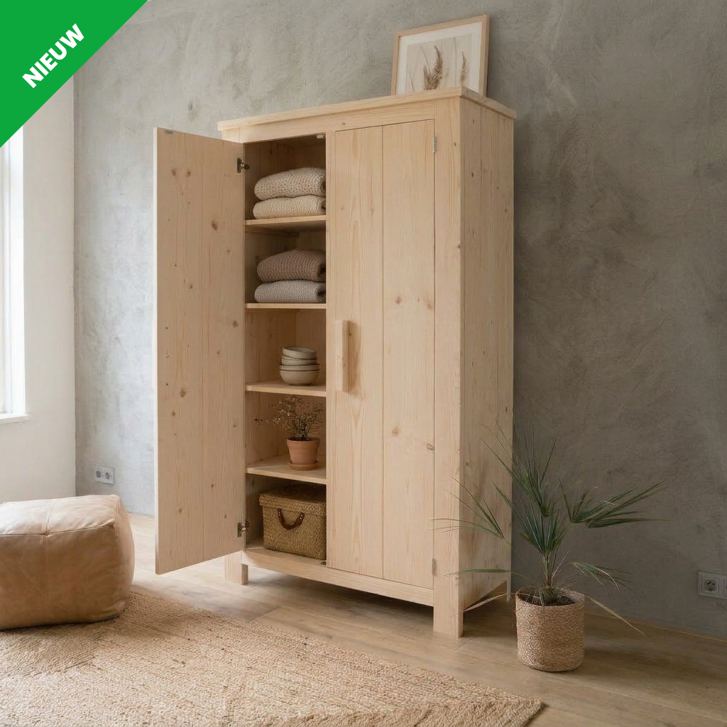 Lichte houten kast met open en gesloten deuren in een minimalistische kamer, met planken waarop opgevouwen handdoeken en servies staan.