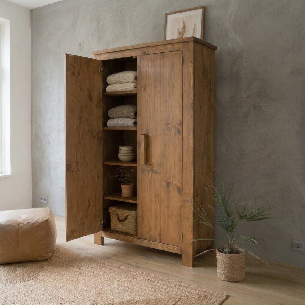 Brownwash Rustieke houten kast met een open deur, handdoeken en servies erin, in een lichte beige kamer met een plant in een pot.