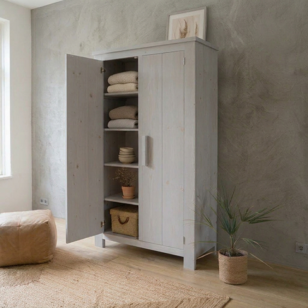 Greywash Grijze kledingkast in een lichte kamer, open zodat netjes opgevouwen handdoeken en manden zichtbaar zijn.
