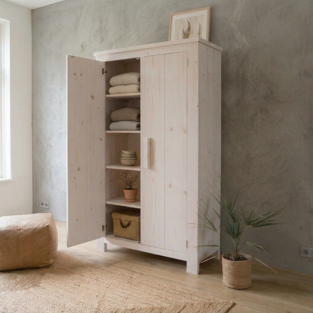 Whitewash Witte houten kast met open planken en een plant in een pot in een lichte, minimalistische ruimte
