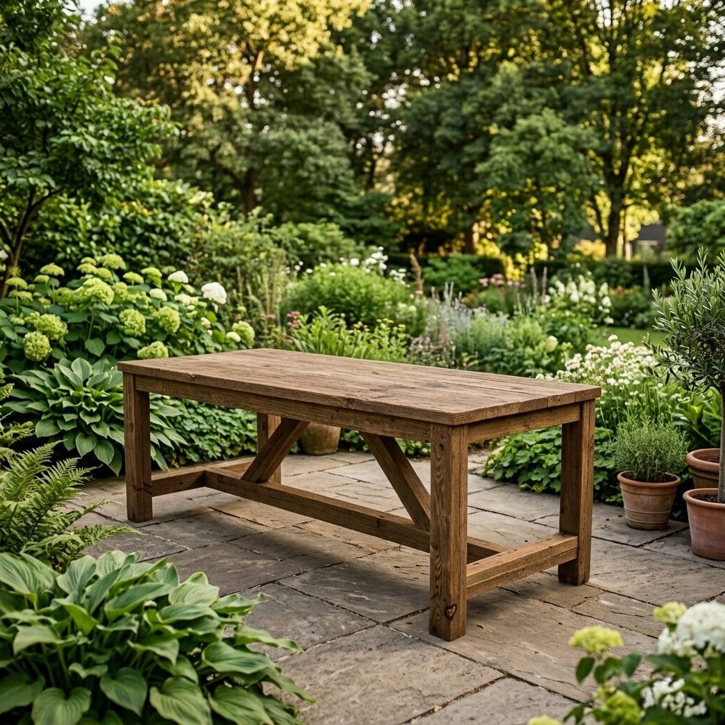 Rustieke houten tuintafel op een stenen terras, omgeven door weelderige groene planten en bloemen.