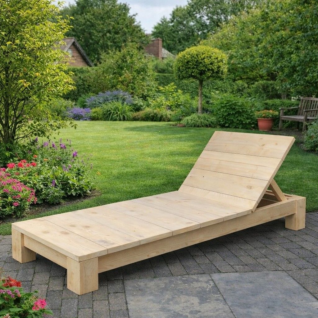Een houten ligbed op een betegeld terras in een weelderige tuin.