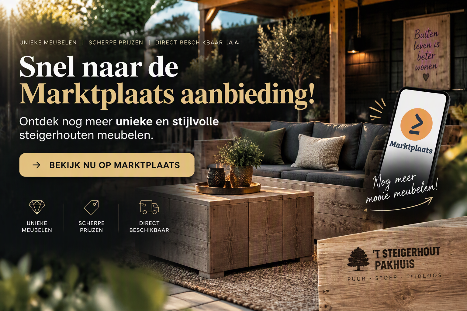 Gezellige tuinmeubels op het terras met advertentietekst voor een Marktplaats-aanbieding