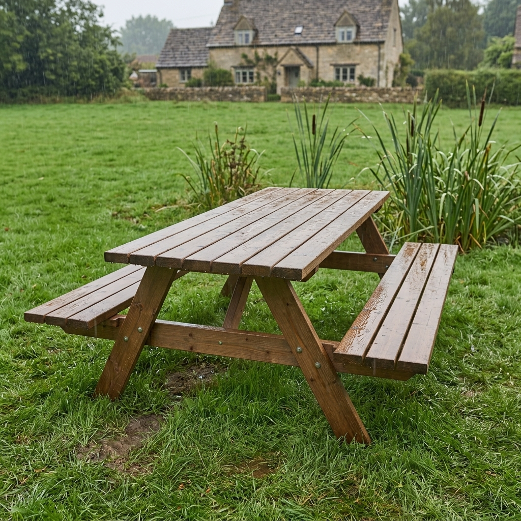 Brownwash Een houten picknicktafel staat op nat gras bij het riet, met op de achtergrond een stenen huisje.