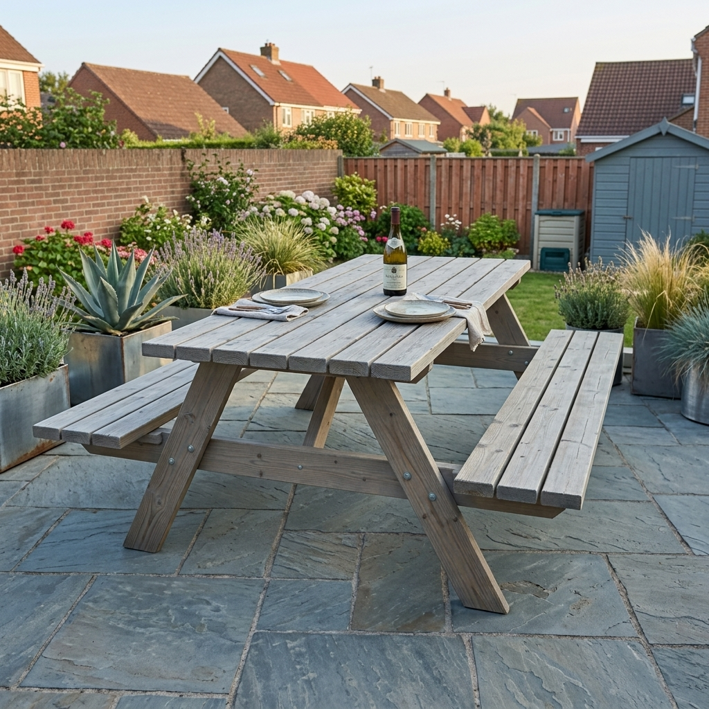 Greywash Tuinpatio met grijs houten picknicktafel, zitbanken, potplanten en een achtertuinhek bij zonsondergang.