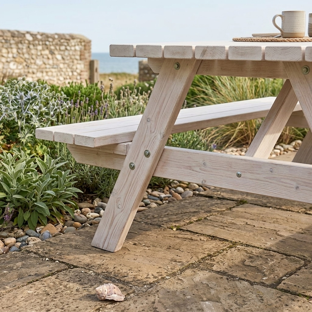 Whitewash Een witte houten picknicktafel op een terras te midden van groen, met een mok erop onder een heldere hemel.