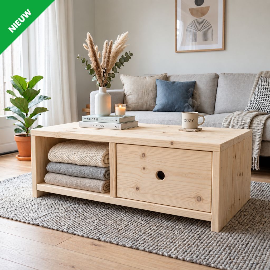 Gezellige woonkamer met een houten salontafel, een grijze bank, planten en een geweven vloerkleed