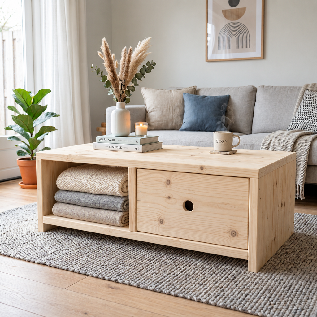 Gezellige woonkamer met een houten salontafel, grijze bank, vloerkleed, plant en decoratieve accenten