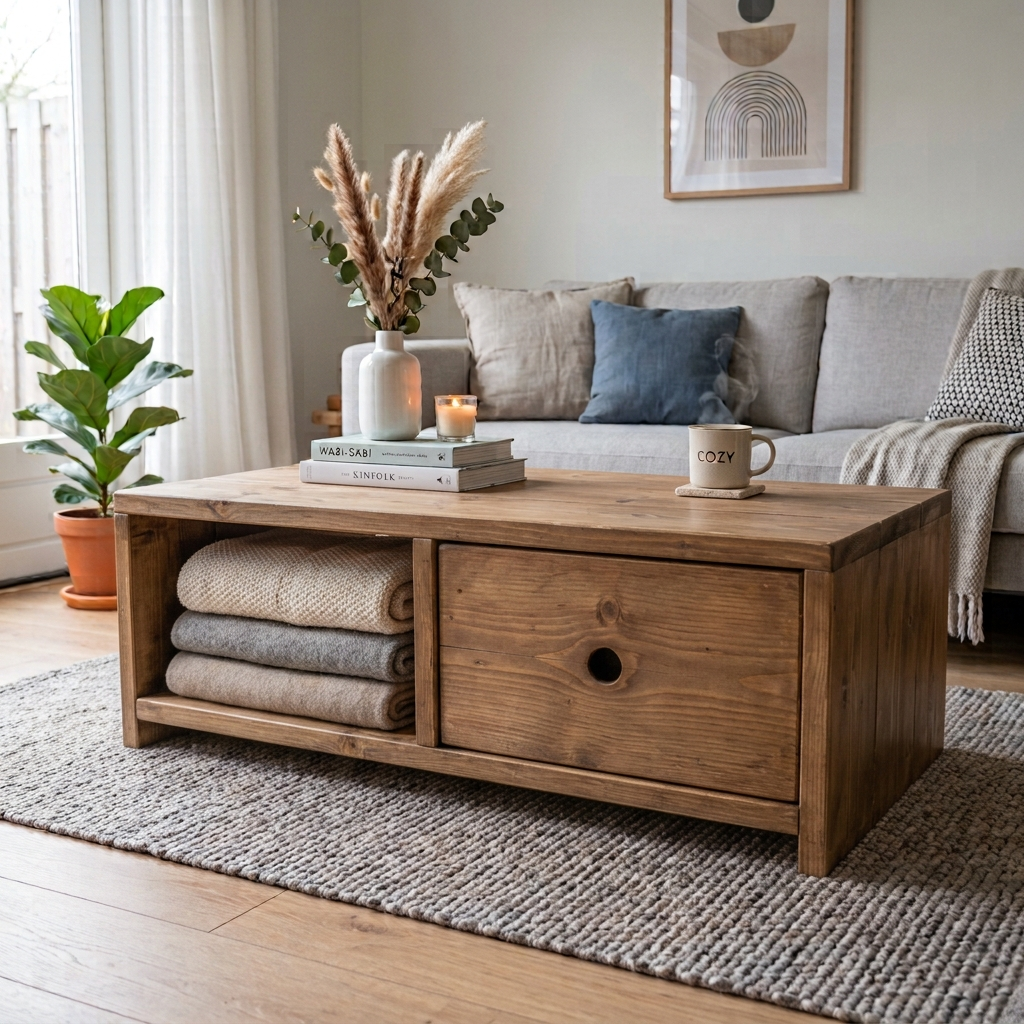Brownwash Gezellige woonkamer met een bruin houten salontafel, een bank, een vloerkleed, een plant en een zachte, neutrale inrichting