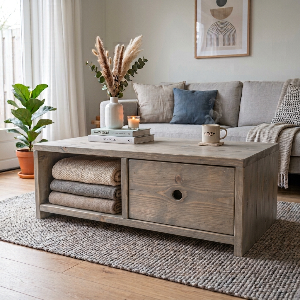 Greywash Knusse woonkamer met een grijze bank, grijs houten salontafel, plant in een pot en geweven vloerkleed