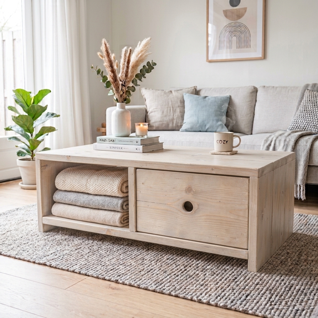Whitewash Lichte woonkamer met een beige bank, wit houten salontafel, geweven vloerkleed, planten en een neutrale inrichting.