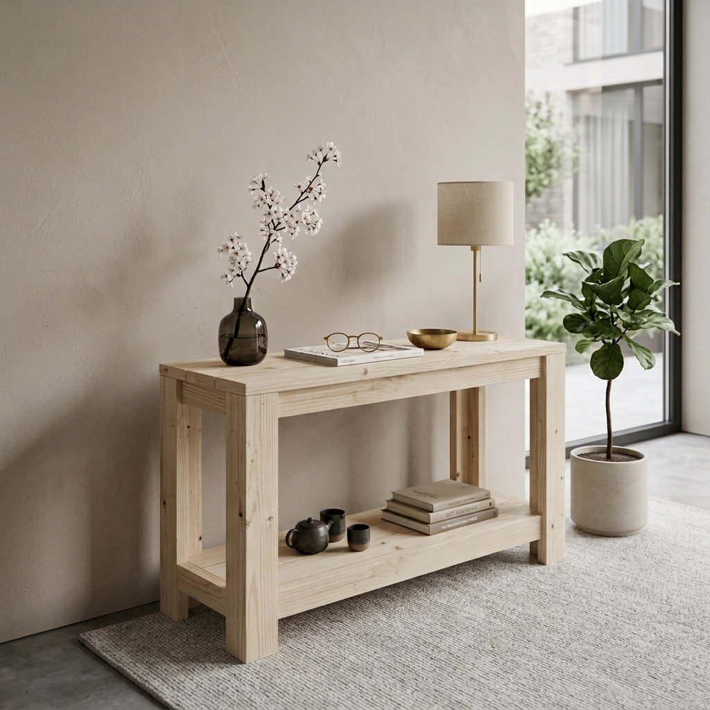 Minimalistische sidetable voor de woonkamer met vaas, boeken, lamp en potplant bij het raam.