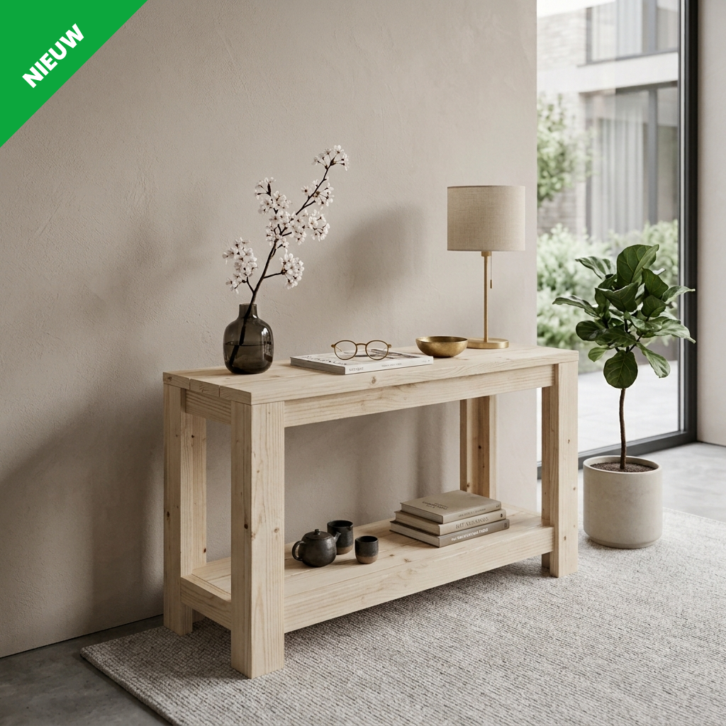 Houten plantenbak met roze en paarse bloemen op een stenen terras bij een bakstenen muur en schutting.