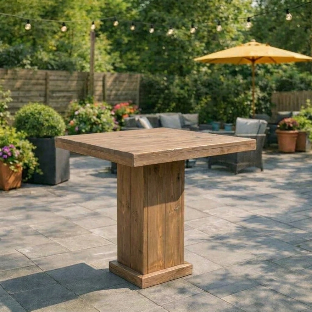 Brownwash Houten statafel voor buiten op een stenen terras met loungestoelen en een gele parasol in een tuin.