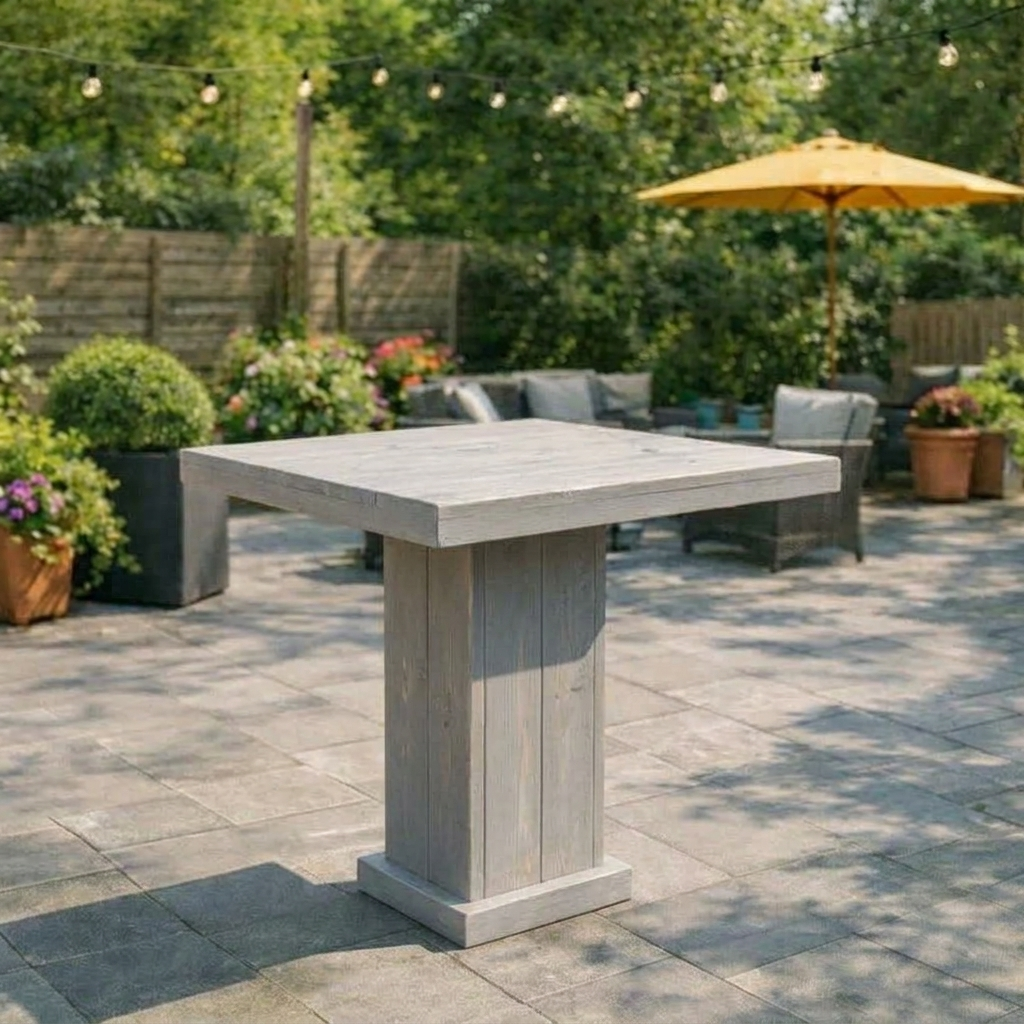 Greywash Buitenterras met een grijze houten statafel, loungestoelen en een gele parasol in een tuinomgeving.