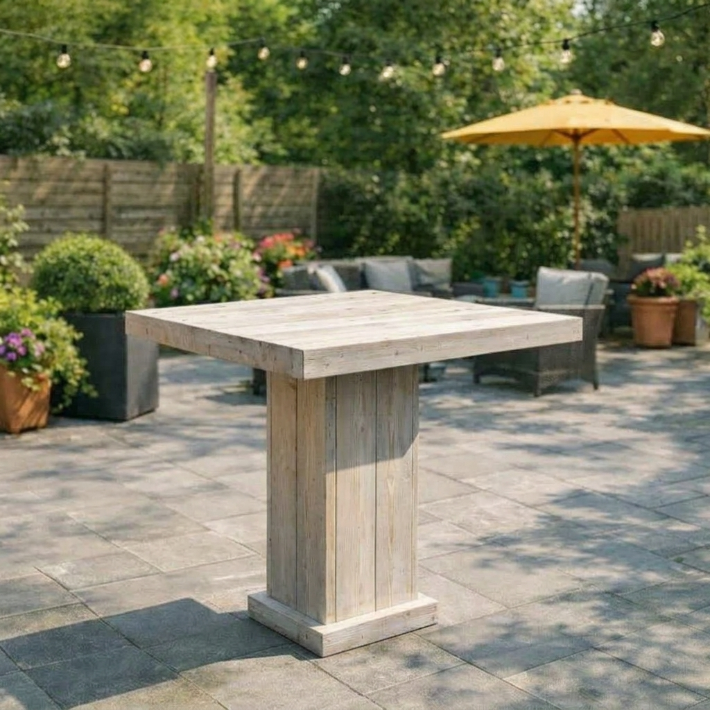 Whitewash Buitenterras met een vierkante witte houten statafel, grijze stoelen, potplanten en een gele parasol.