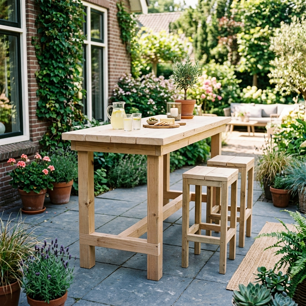 Houten bartafel op een betegeld tuinterras onder een pergola, met een fles en een potplant.