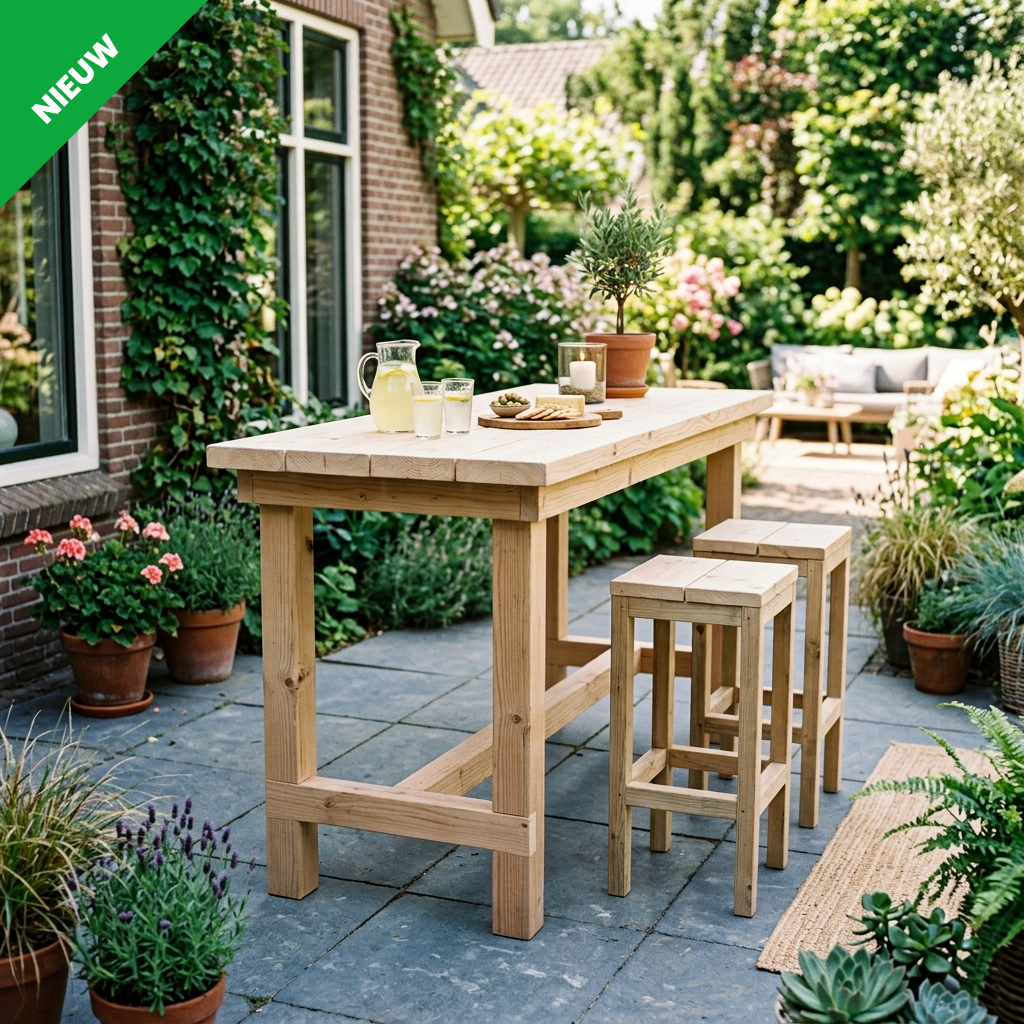 Houten bartafel op een terras onder een pergola, met lichtslingers en een tuinachtergrond.