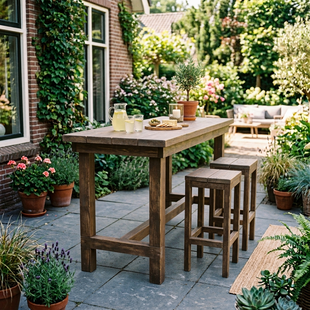 Houten bartafel met krukjes in een weelderige patio met bakstenen bestrating