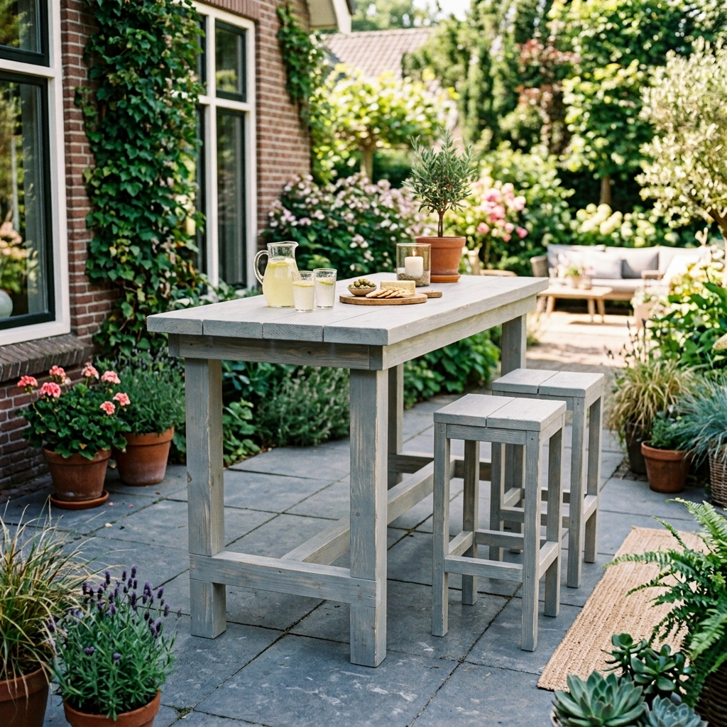 Tuinpatio met een grijze bartafel, krukjes, drankjes en potplanten naast een bakstenen huis