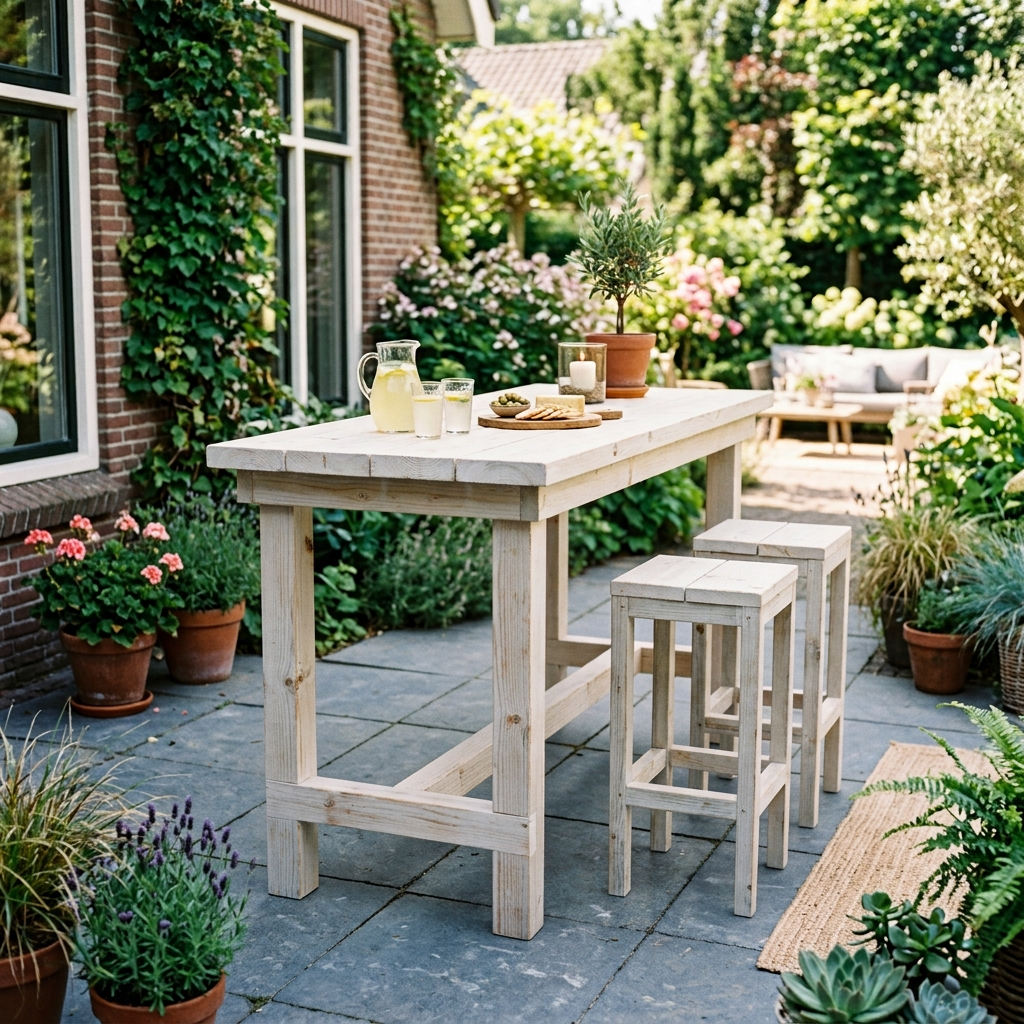 Rustieke bartafel en krukjes voor buiten op een zonnig terras, omringd door planten in potten en groen