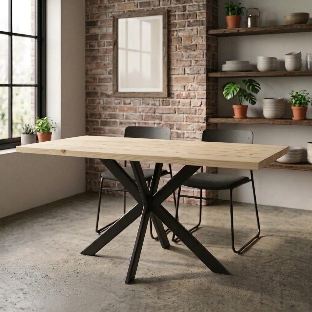 Moderne eetkamer met een houten tafel, een zwart metalen onderstel, een bakstenen muur, planken en potplanten.