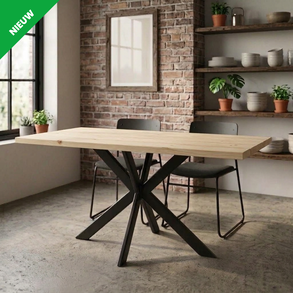 Moderne eettafel met een zwart metalen onderstel in een kamer met bakstenen muren, met planken en potplanten