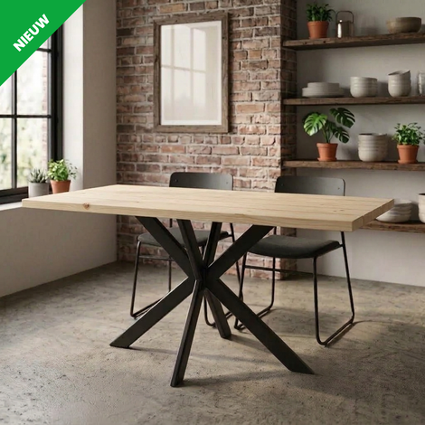 Moderne eettafel met zwarte metalen poten in een rustieke ruimte met bakstenen muren, planken en planten