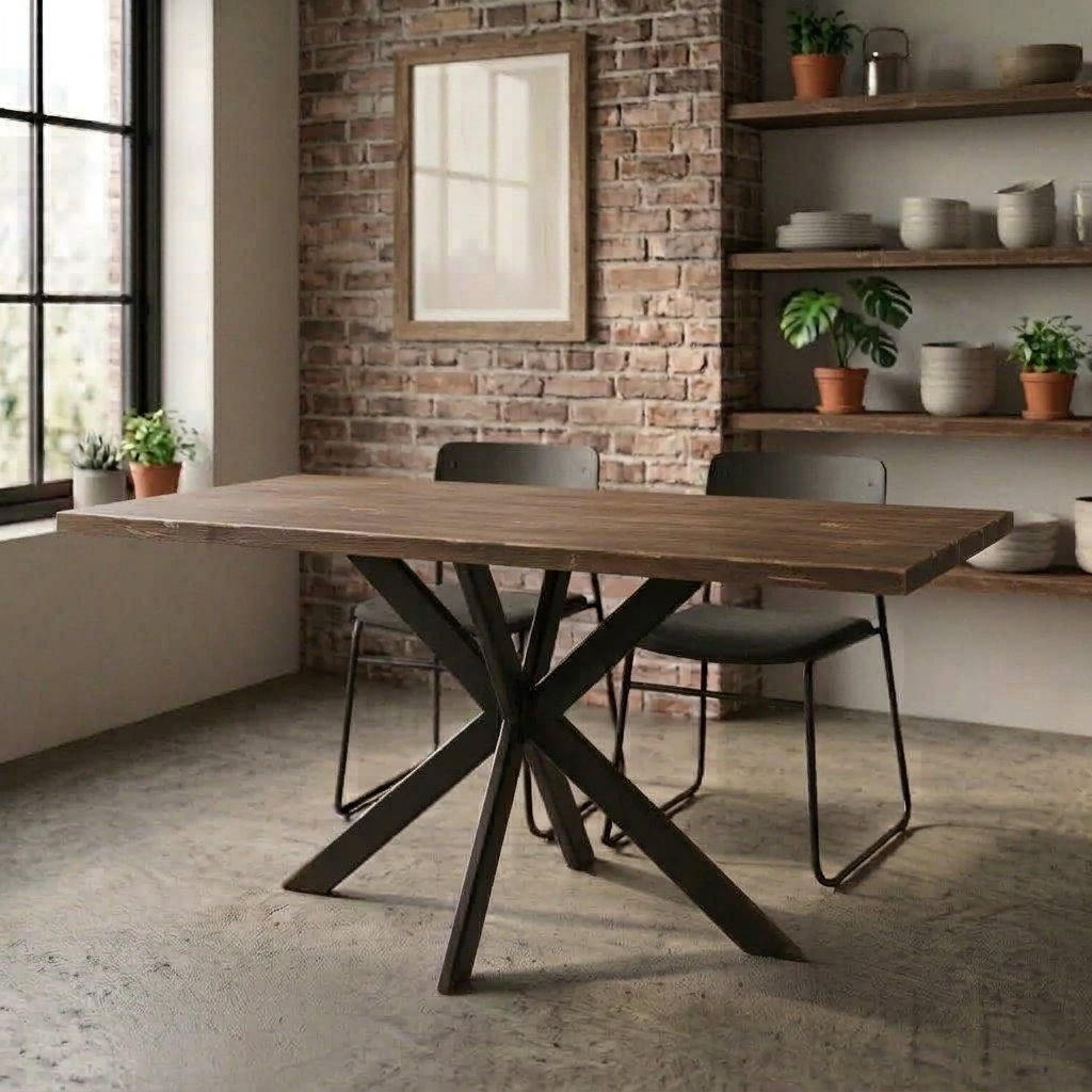 Brownwash Rustieke brownwash eettafel met zwarte metalen poten in een knusse ruimte met bakstenen muren, planken en planten
