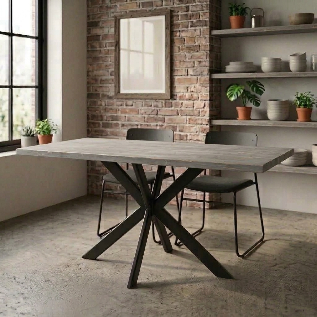 Greywash Moderne greywash eettafel met zwart metalen onderstel in een lichte kamer met bakstenen muren, planken en planten