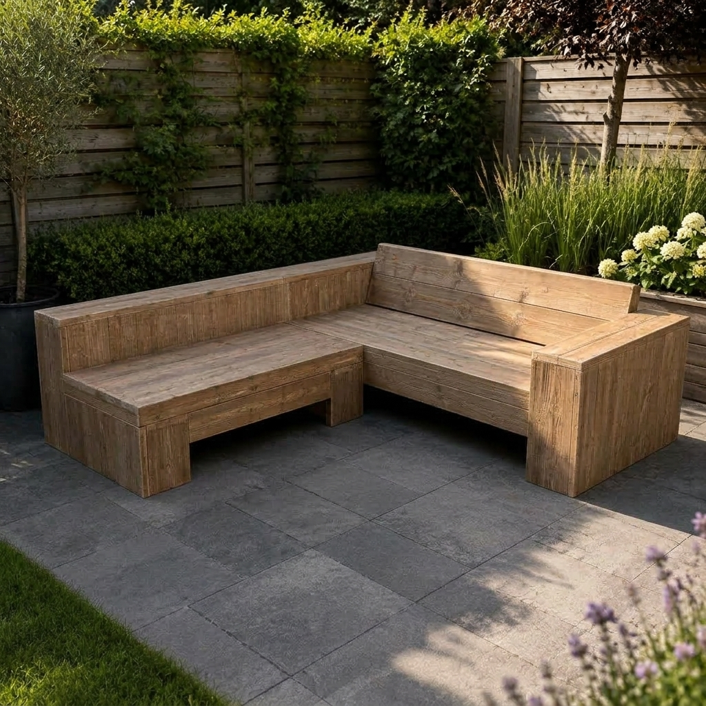 Brownwash L-vormige houten hoekbank op een stenen terras in een aangelegde tuin.