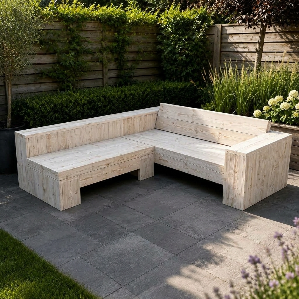 Whitewash L-vormige hoekbank van licht hout op een zonovergoten terras in de tuin