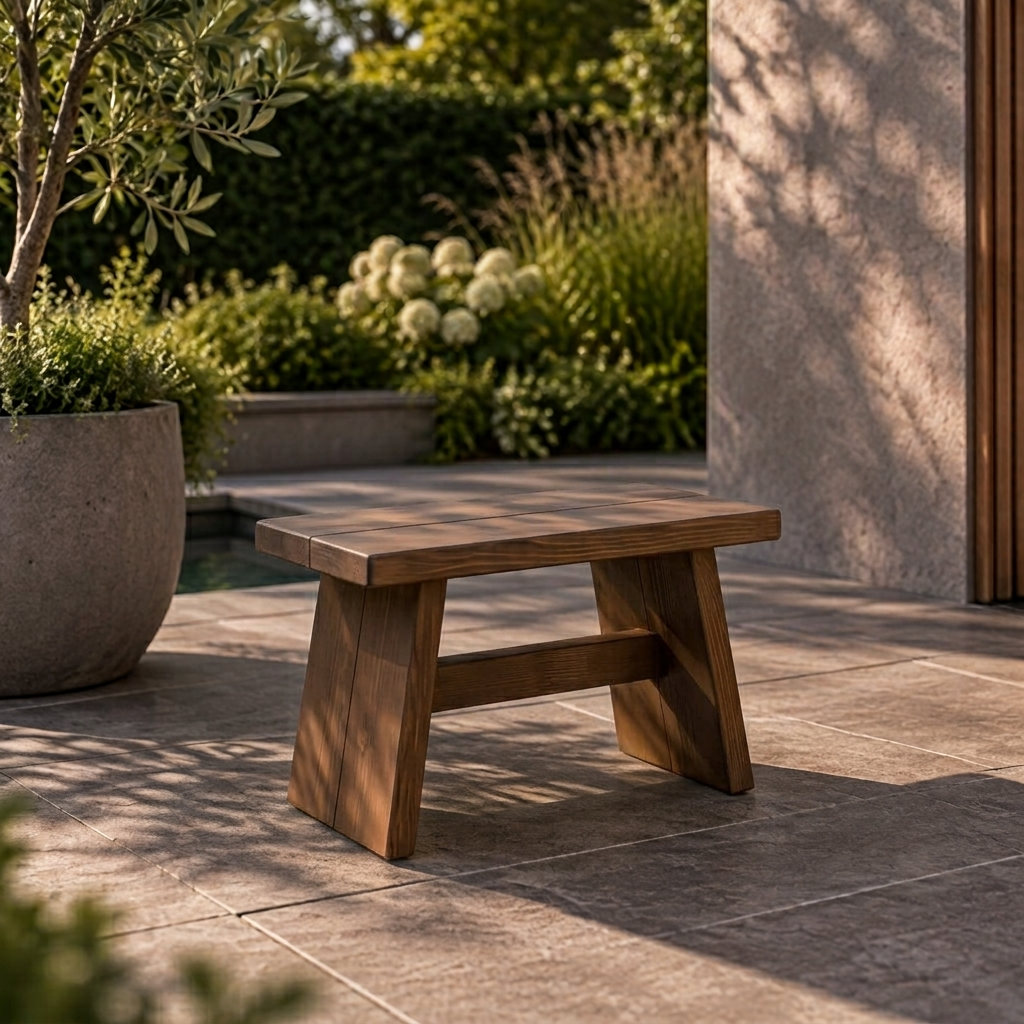 Brownwash steigerhouten krukje op een zonnig terras, naast een grote plantenbak en een tuinmuur.